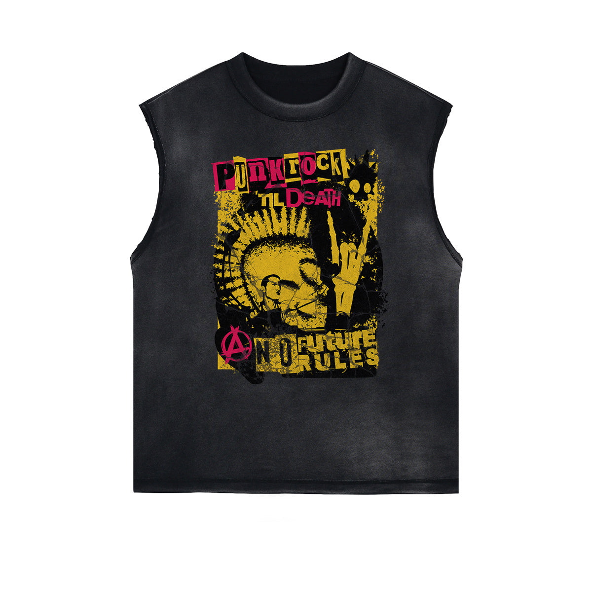 Camiseta sin mangas con gráficos de estilo rockero con bordes deshilachados