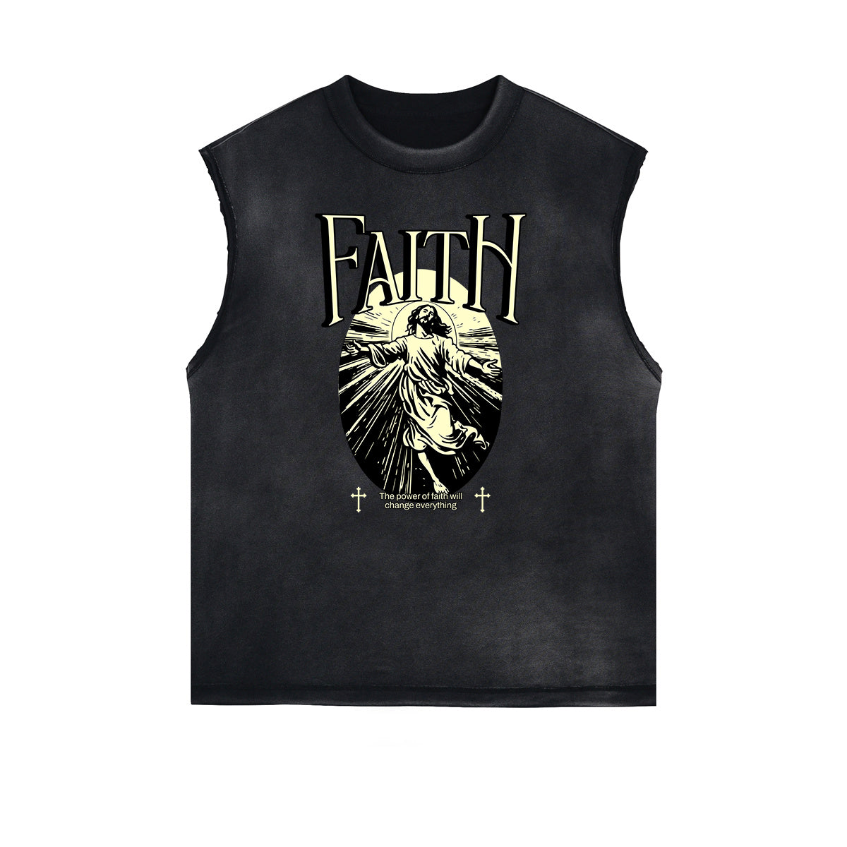 Distressed Sleeveless Gods & Faith Pattern Tee