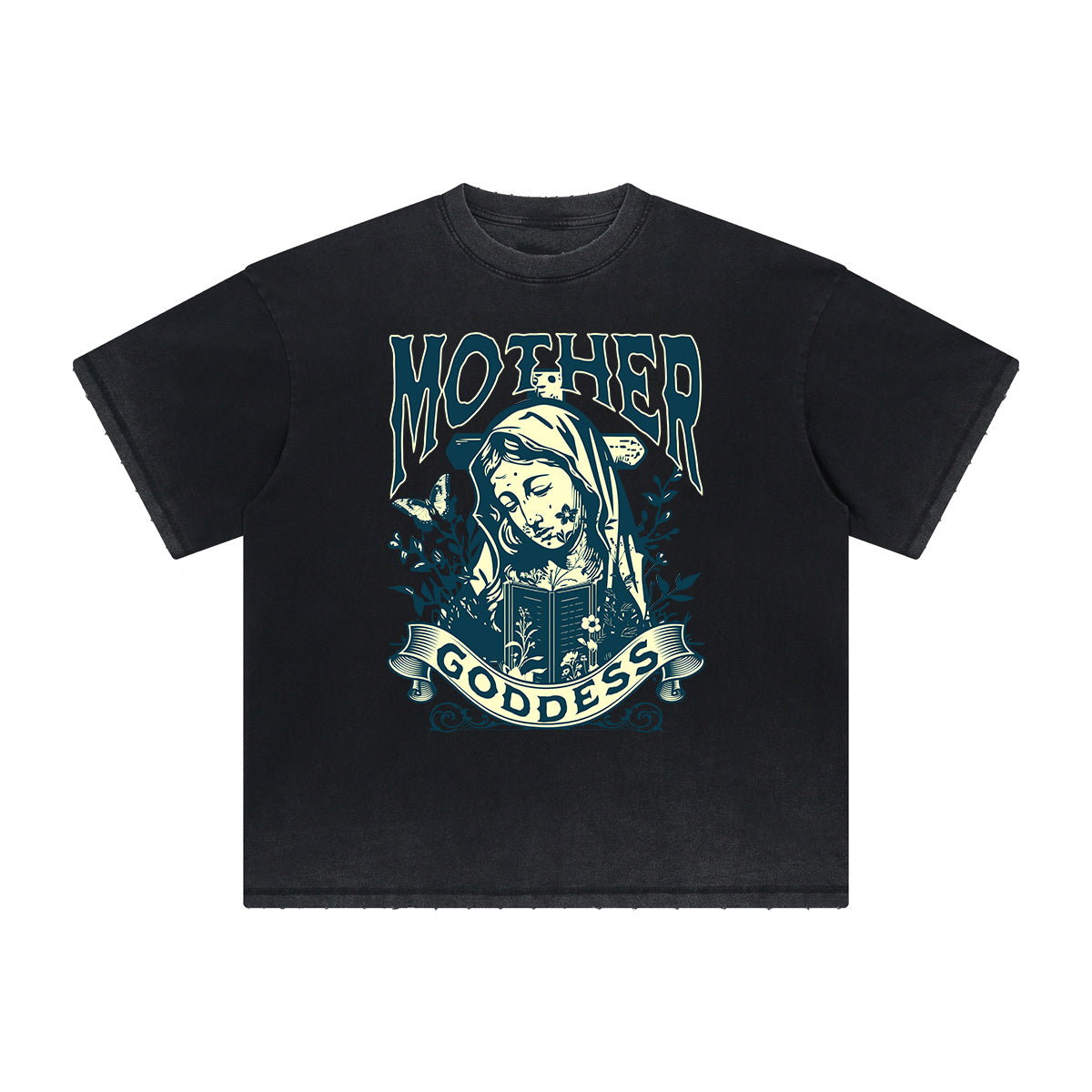 Camiseta vintage con estampado de dioses y fe deshilachados