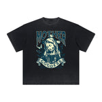 Camiseta vintage con estampado de dioses y fe deshilachados