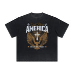 Camiseta vintage con estampado de dioses y fe deshilachados