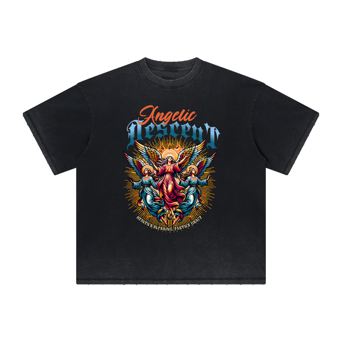 Camiseta vintage con estampado de dioses y fe deshilachados