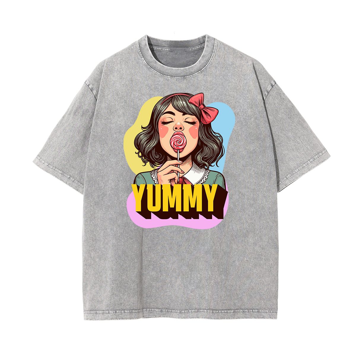 Camiseta de algodón lavado con estampado de dibujos animados divertidos
