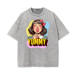 Camiseta de algodón lavado con estampado de dibujos animados divertidos