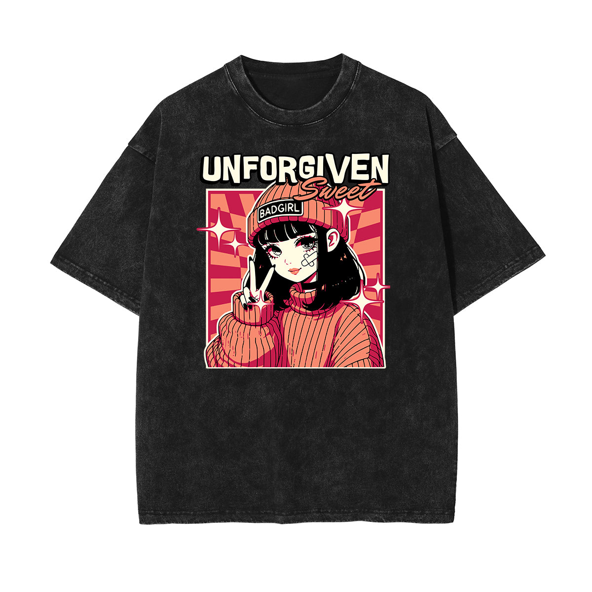 Camiseta con estampado de dibujos animados divertidos con lavado a la piedra