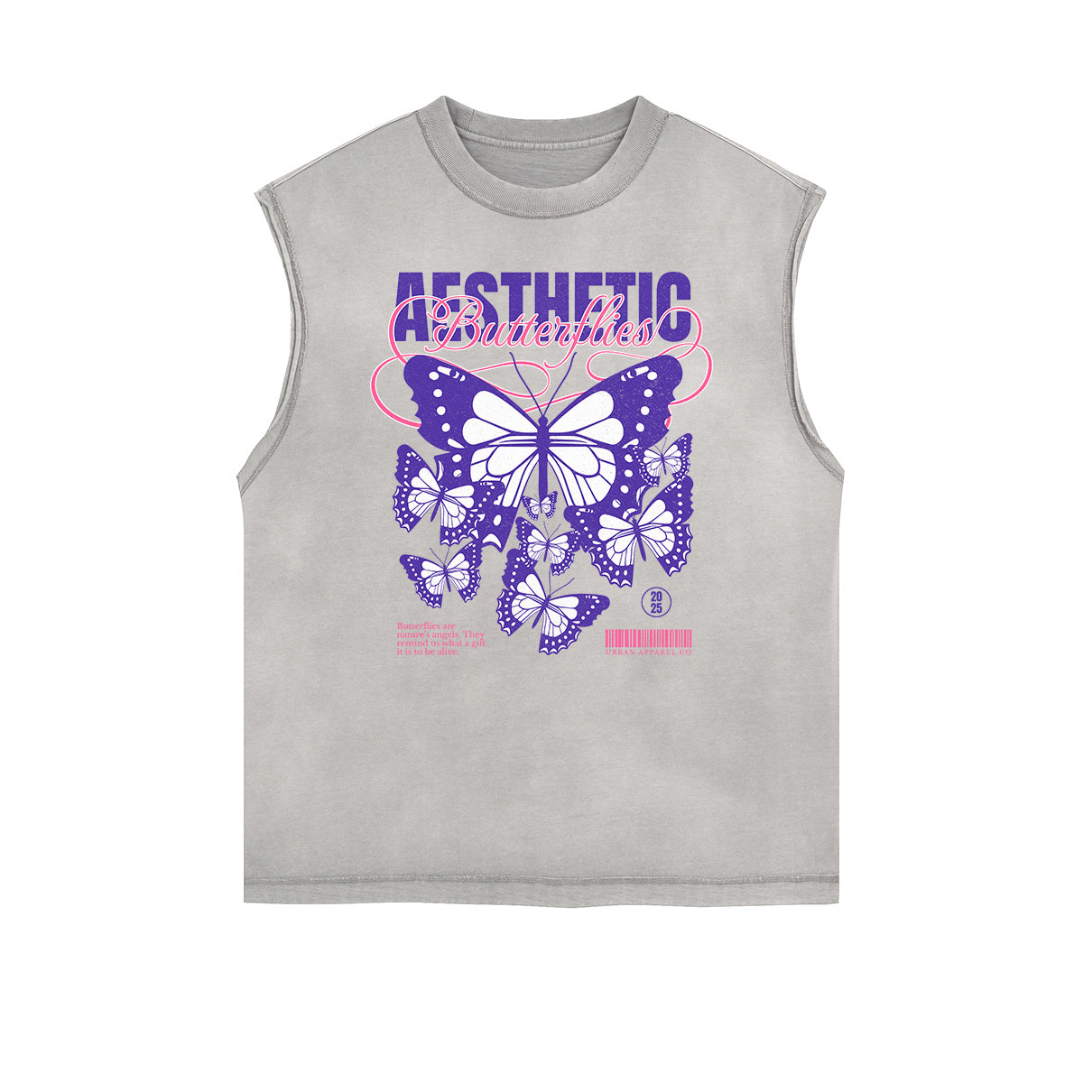 Camiseta sin mangas con estampado de mariposas y bordes deshilachados