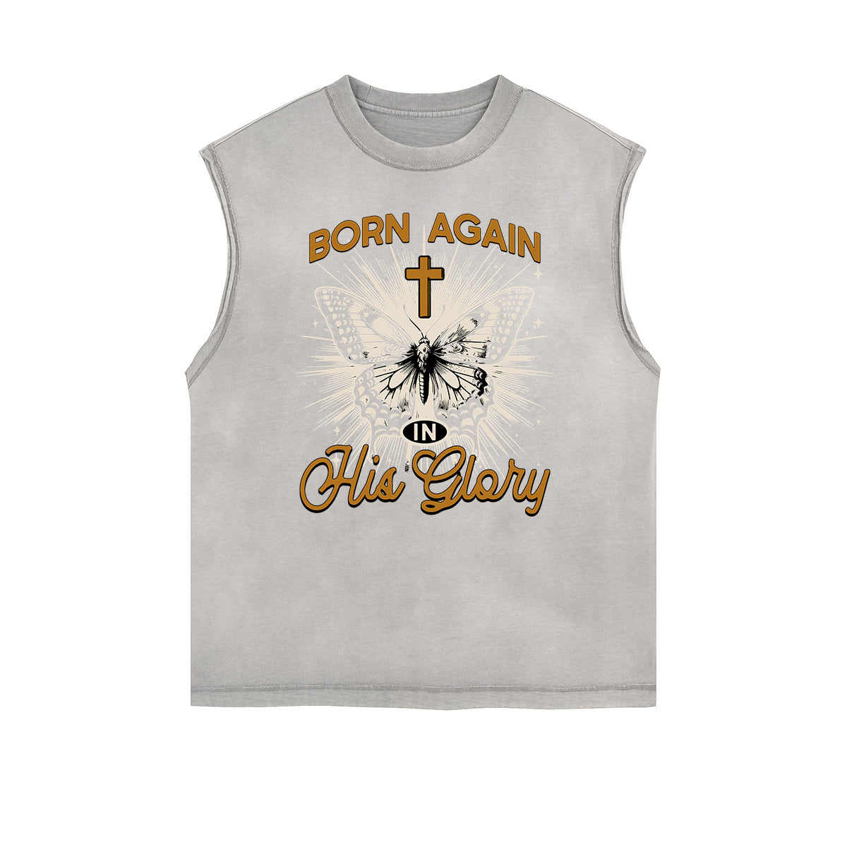 Camiseta sin mangas con estampado de mariposas y bordes deshilachados