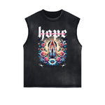 Camiseta sin mangas con estampado floral y bordes deshilachados