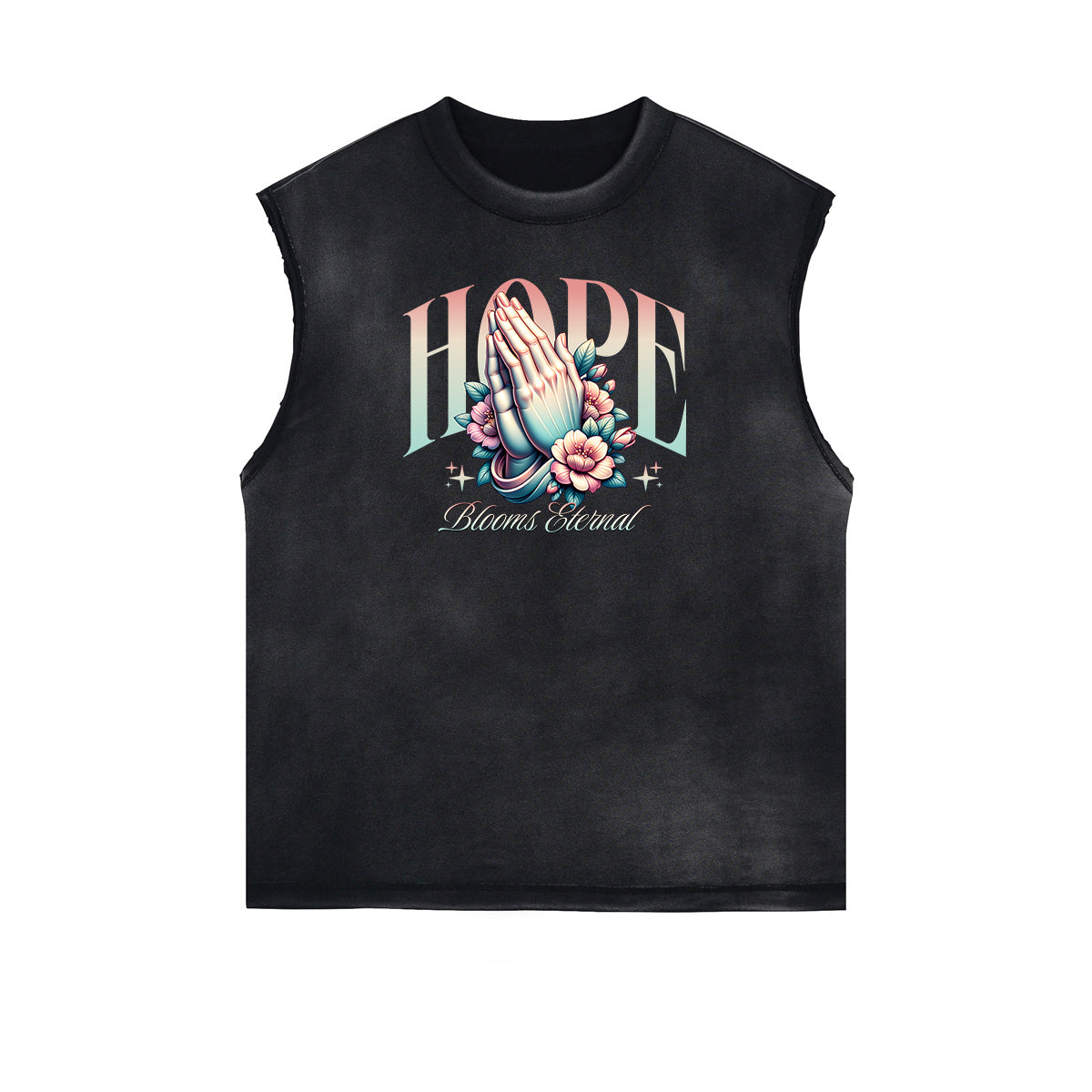 Camiseta sin mangas con estampado floral y bordes deshilachados