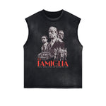Camiseta sin mangas con gráficos de estilo gánster con bordes deshilachados