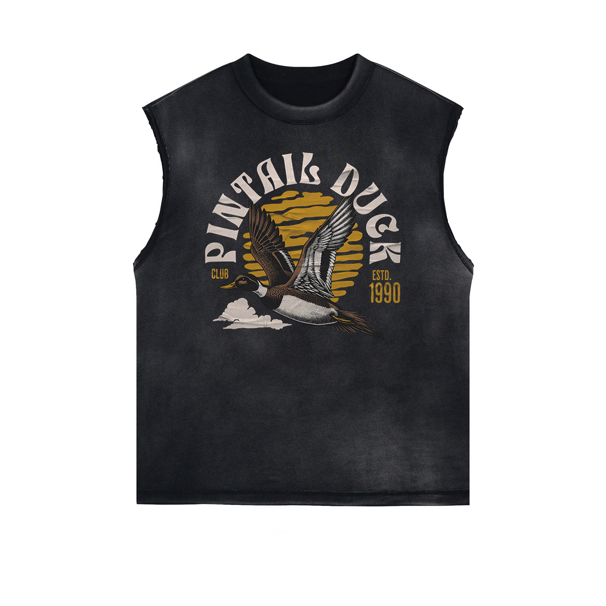 Camiseta sin mangas con gráficos retro revival y bordes deshilachados