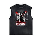 Camiseta sin mangas con gráficos retro revival y bordes deshilachados