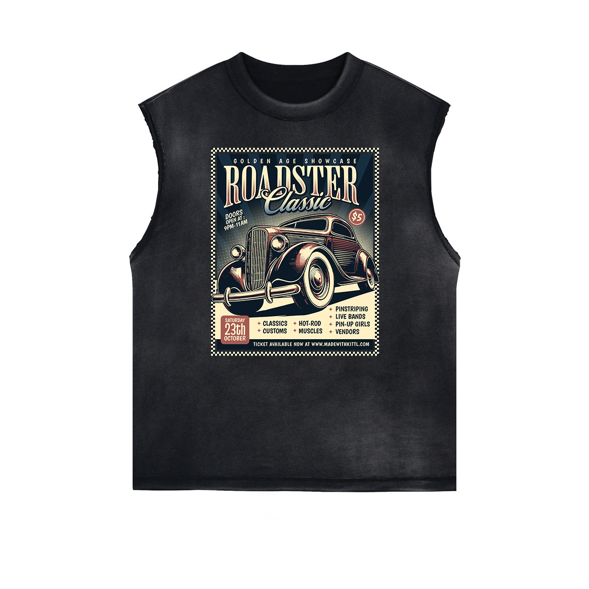 Camiseta sin mangas con gráficos retro revival y bordes deshilachados