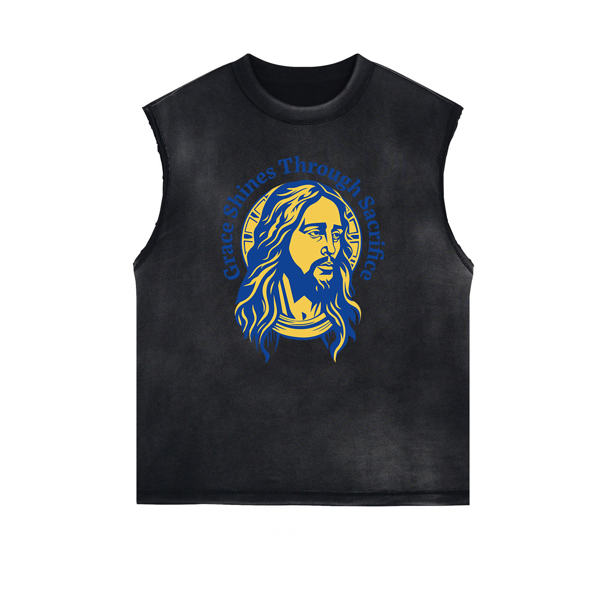 Camiseta sin mangas con gráfico de Jesús con bordes deshilachados