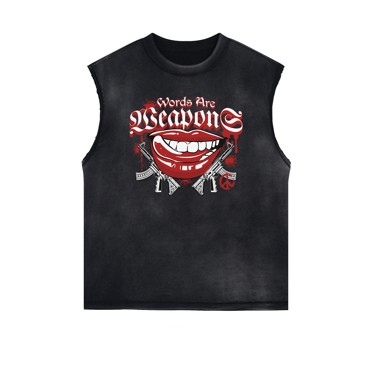 Camiseta sin mangas con gráfico de labios rojos y bordes deshilachados