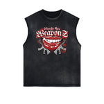 Camiseta sin mangas con gráfico de labios rojos y bordes deshilachados