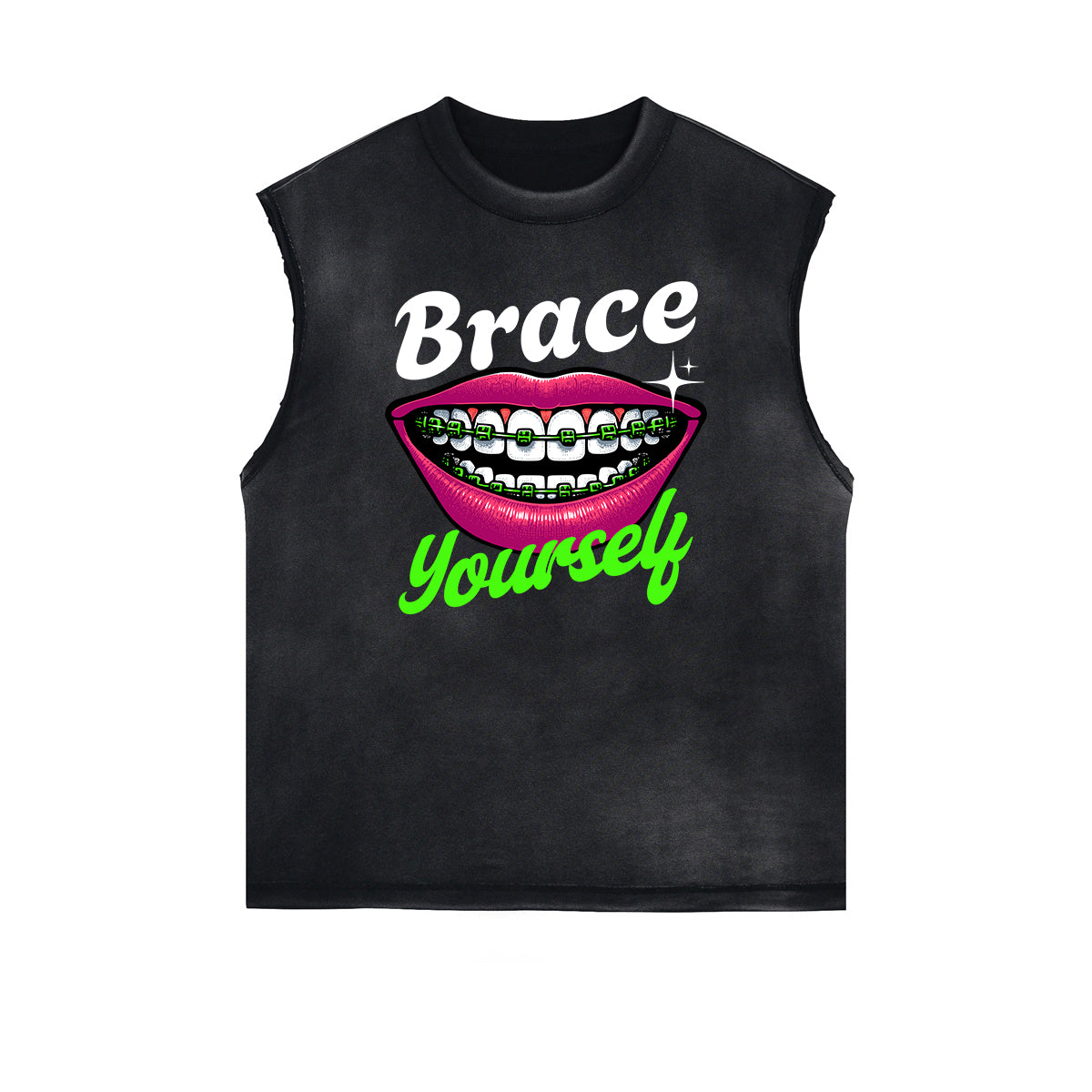 Camiseta sin mangas con gráfico de labios rojos y bordes deshilachados