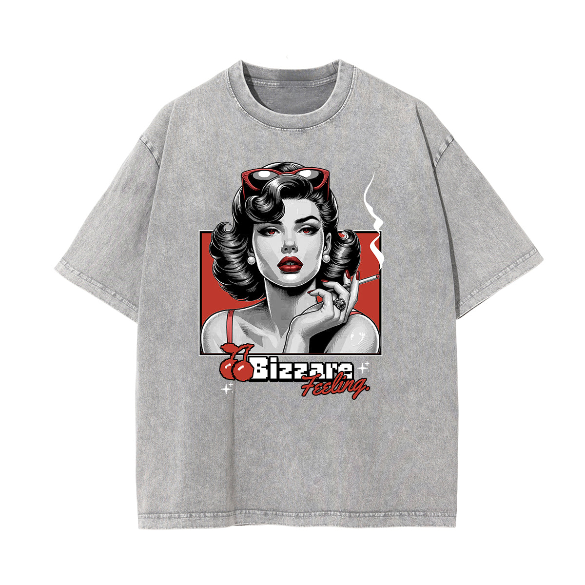Camiseta con estampado de labios rojos lavados a la piedra