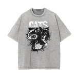 Camiseta de algodón con gráfico de gato lavado