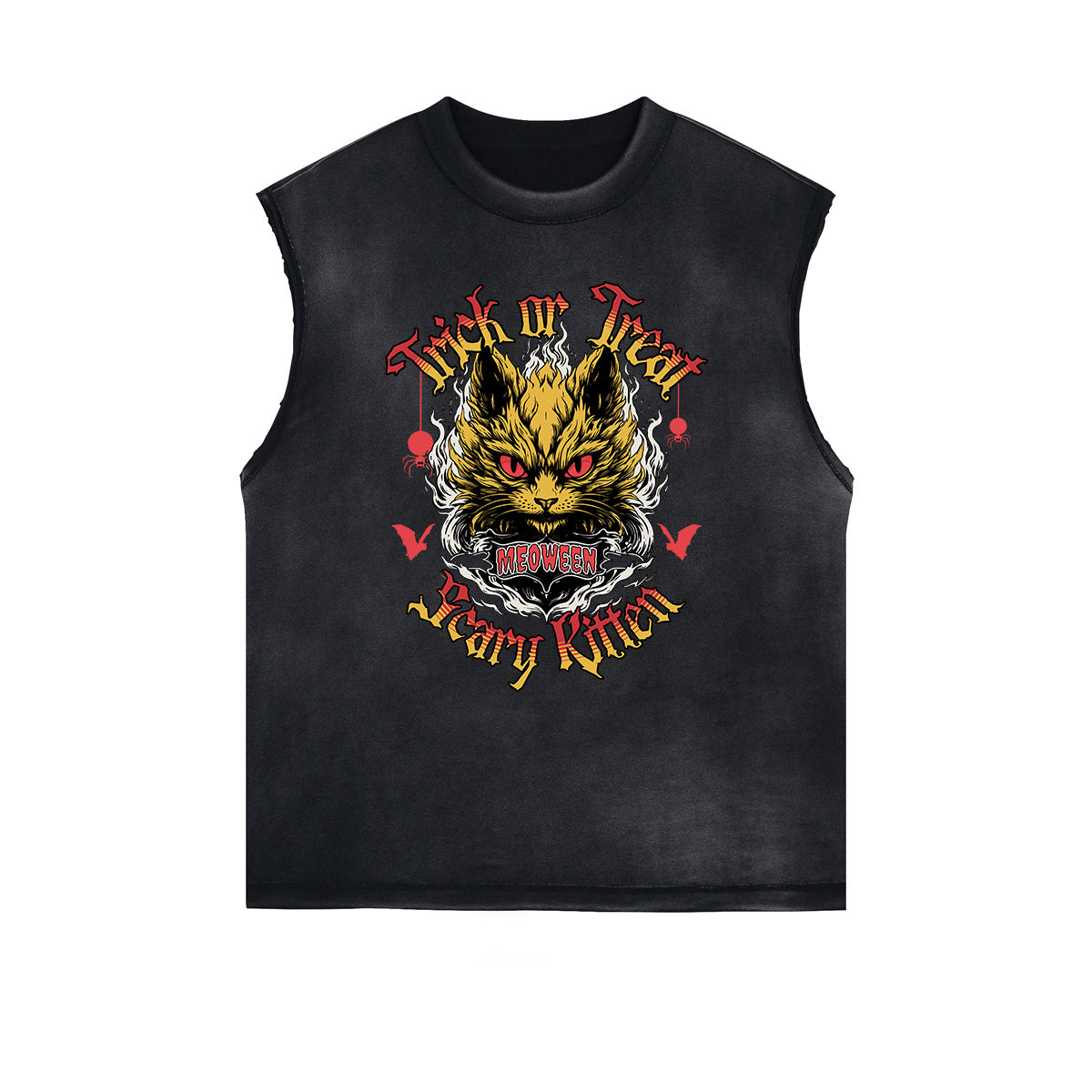 Distressed Sleeveless Cat Pattern Tee