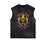 Distressed Sleeveless Cat Pattern Tee