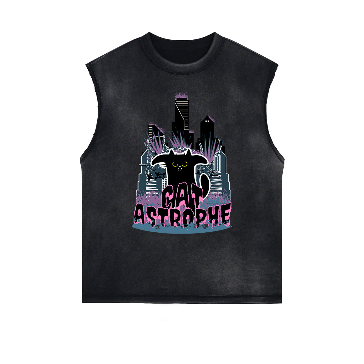 Distressed Sleeveless Cat Pattern Tee