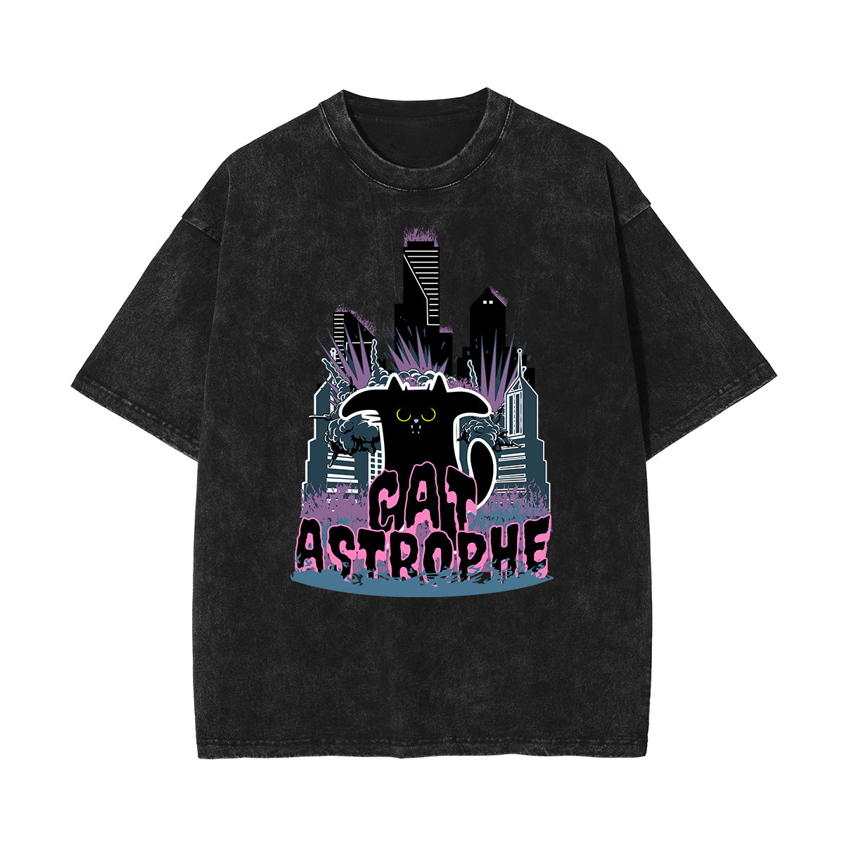 Camiseta con estampado de gato lavado a la piedra