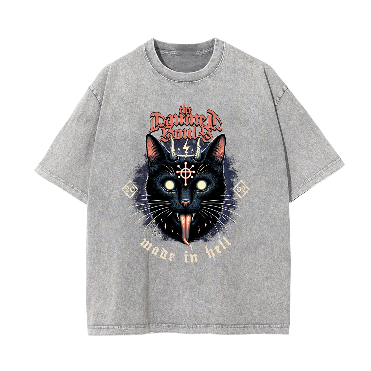 Camiseta de algodón con gráfico de gato lavado