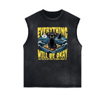 Distressed Sleeveless Cat Pattern Tee