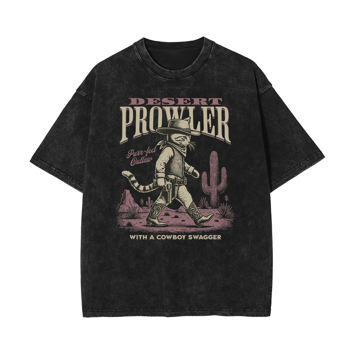 Camiseta con estampado de gato lavado a la piedra