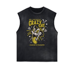 Distressed Sleeveless Cat Pattern Tee
