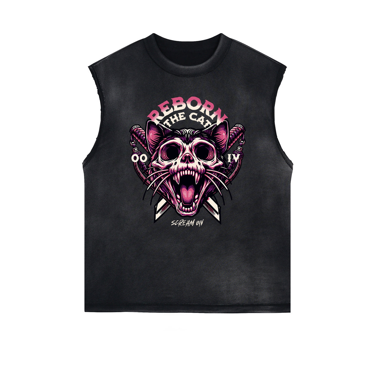 Distressed Sleeveless Cat Pattern Tee