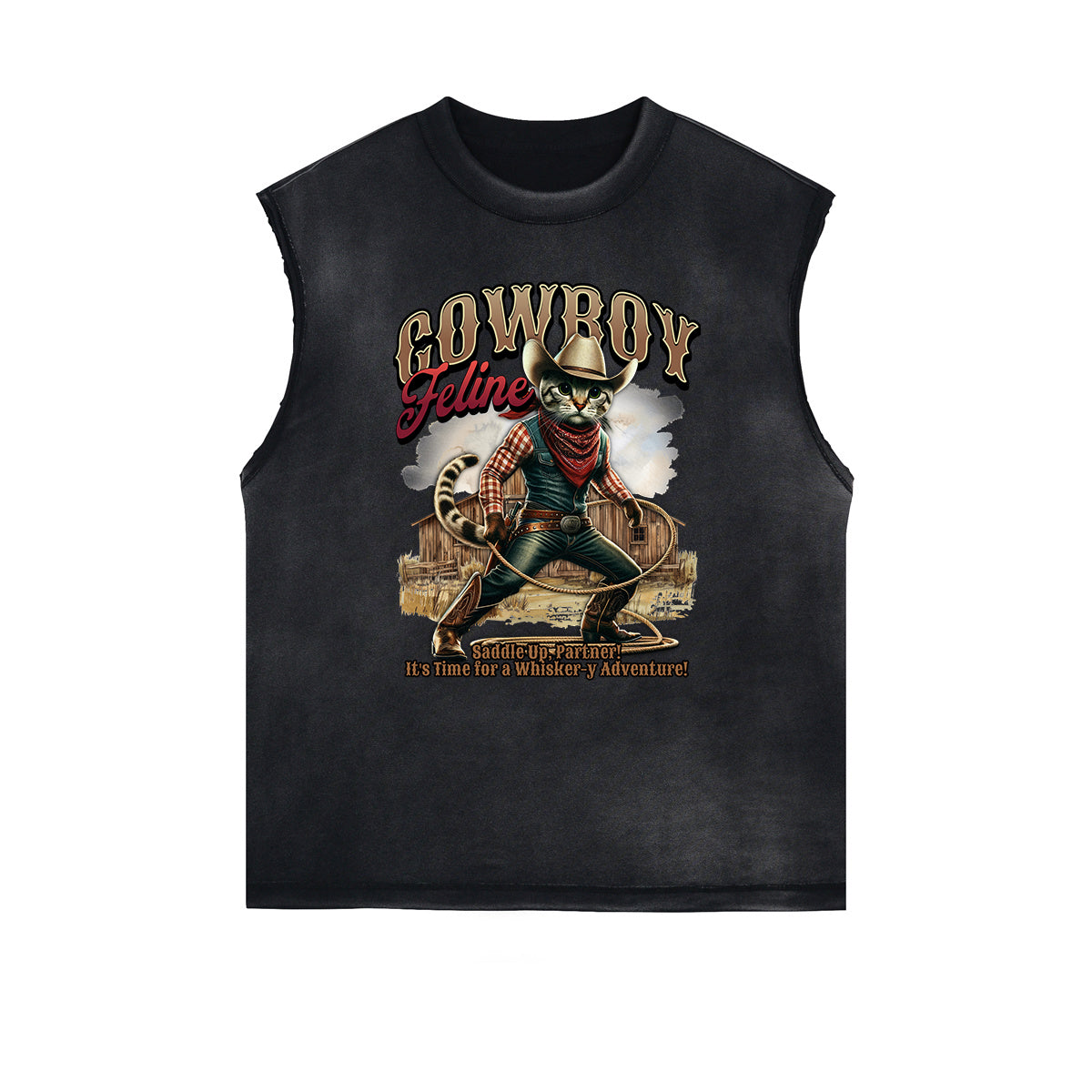 Distressed Sleeveless Cat Pattern Tee