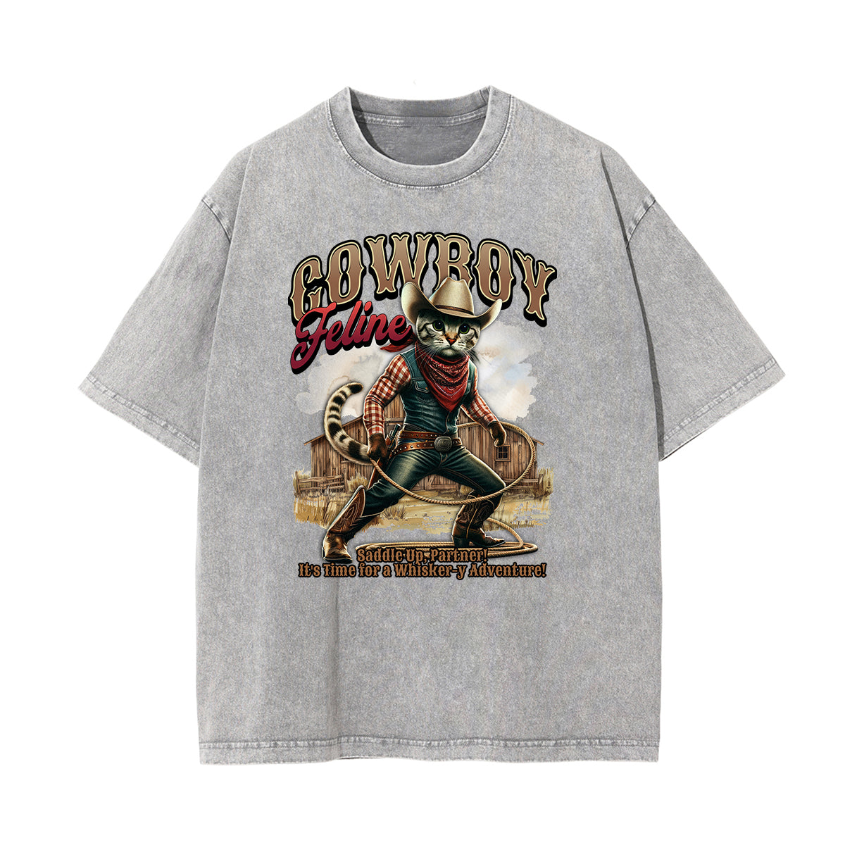 Camiseta de algodón con gráfico de gato lavado