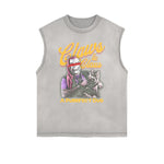 Camiseta sin mangas con gráfico de gato y bordes deshilachados