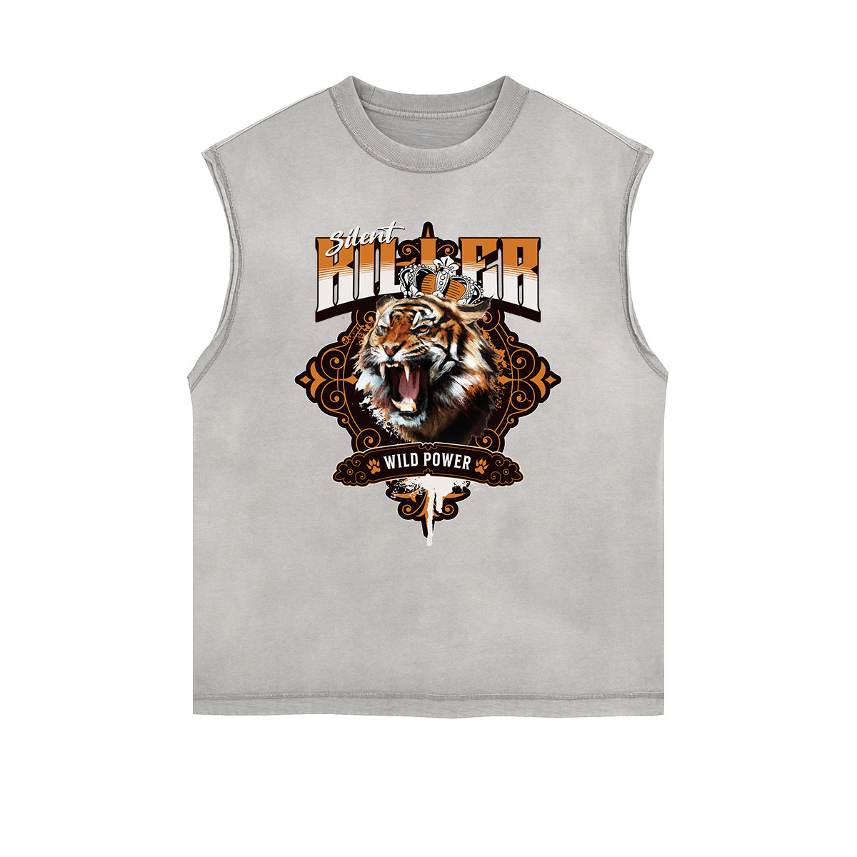 Camiseta sin mangas con gráfico de tigre y bordes deshilachados