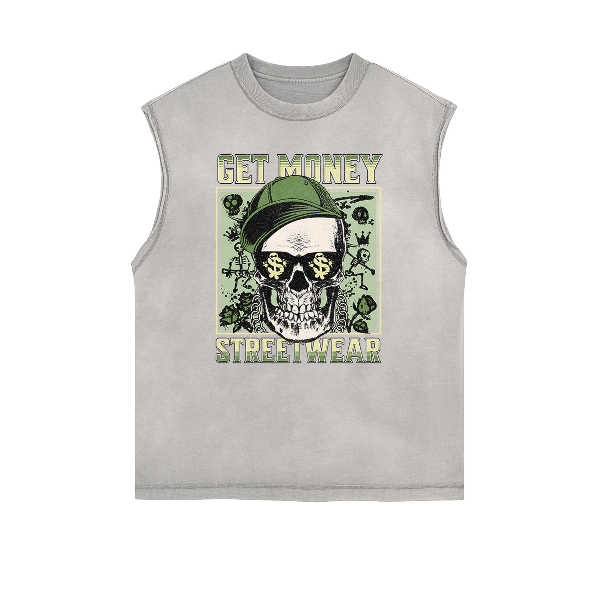 Distressed Sleeveless Skull & Money Pattern Tee