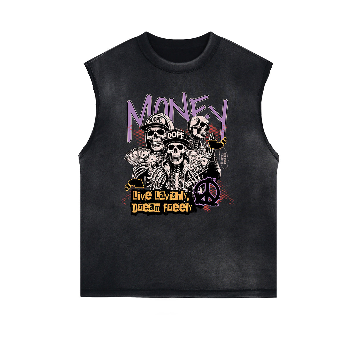 Camiseta sin mangas con gráfico de calavera y dinero con bordes deshilachados
