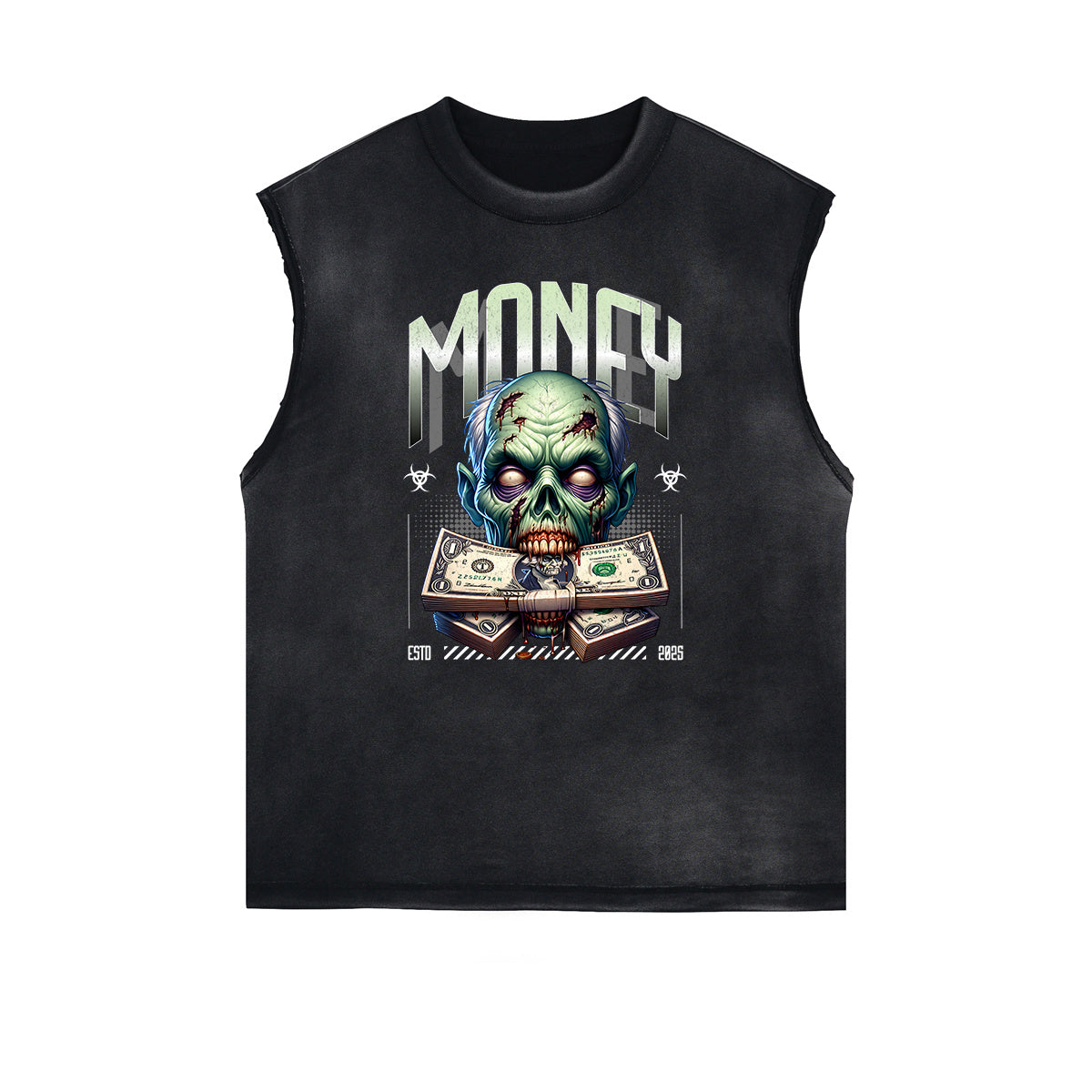 Camiseta sin mangas con gráfico de calavera y dinero con bordes deshilachados