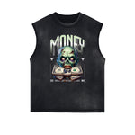 Camiseta sin mangas con gráfico de calavera y dinero con bordes deshilachados