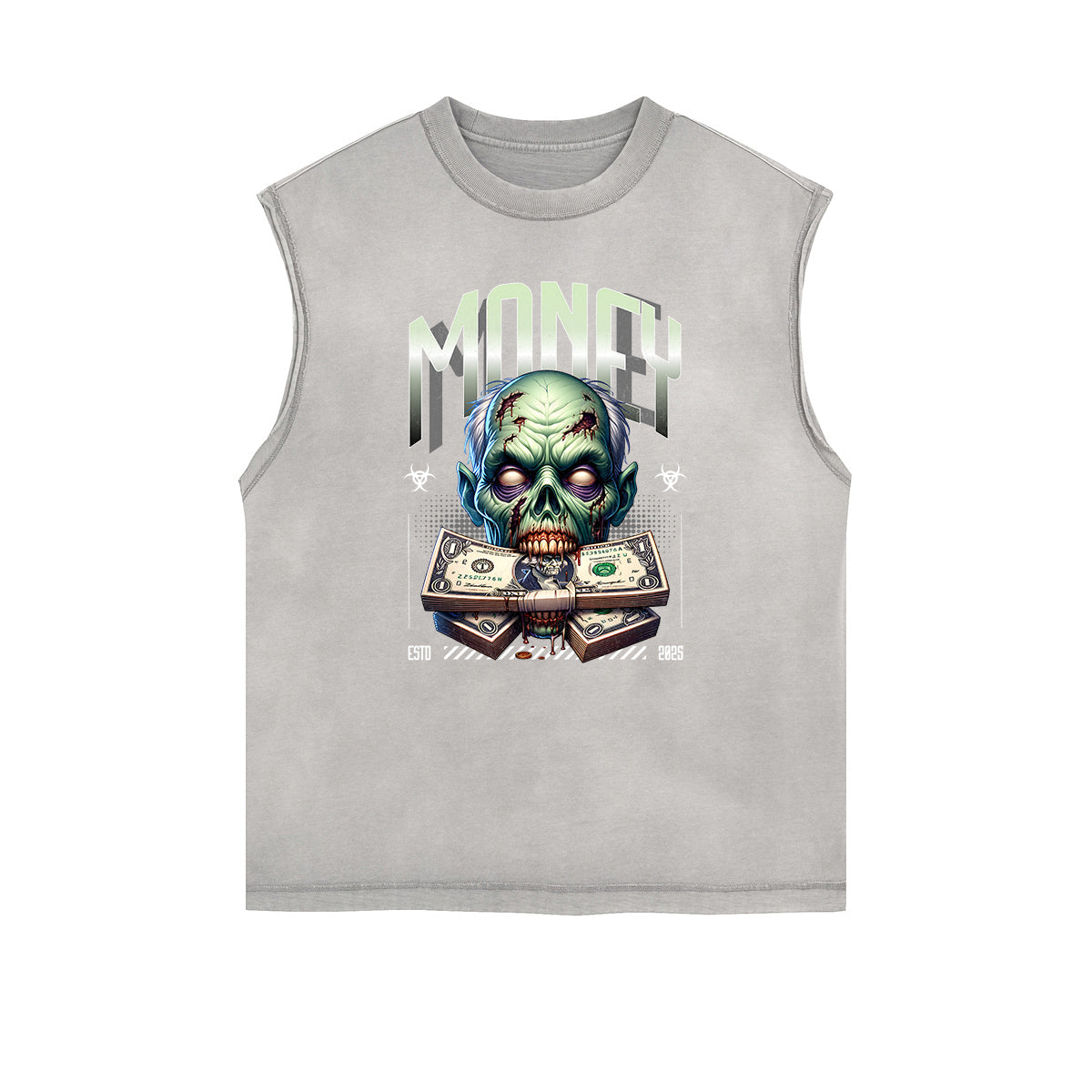 Distressed Sleeveless Skull & Money Pattern Tee