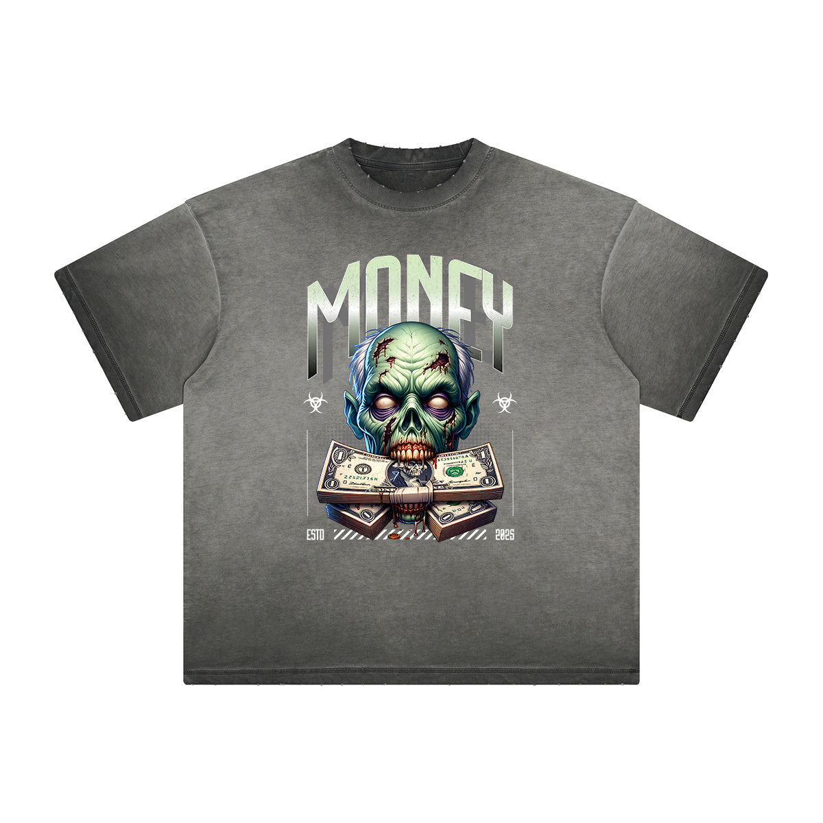 Thick Faded Skull & Money Graphic T Shirt