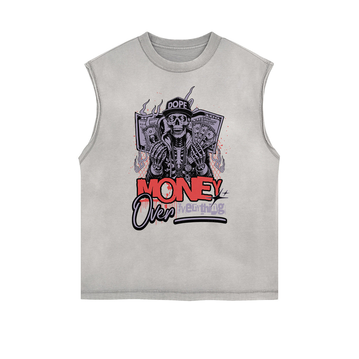Distressed Sleeveless Skull & Money Pattern Tee