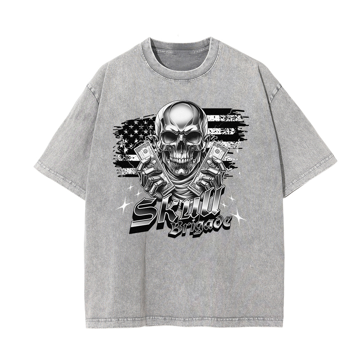 Washed Skull & Money Graphic Cotton Tee