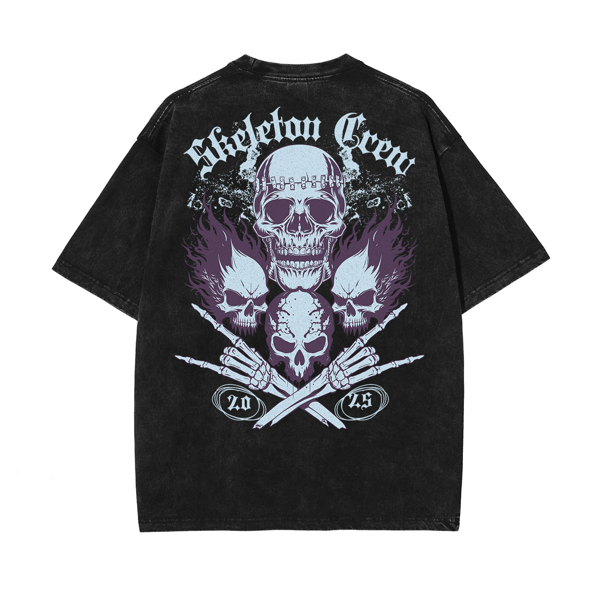 Stone Wash Skull & Money Pattern T Shirt