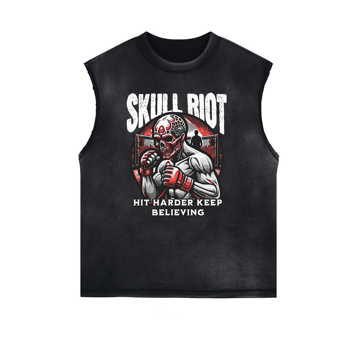 Camiseta sin mangas con gráfico de calavera y dinero con bordes deshilachados