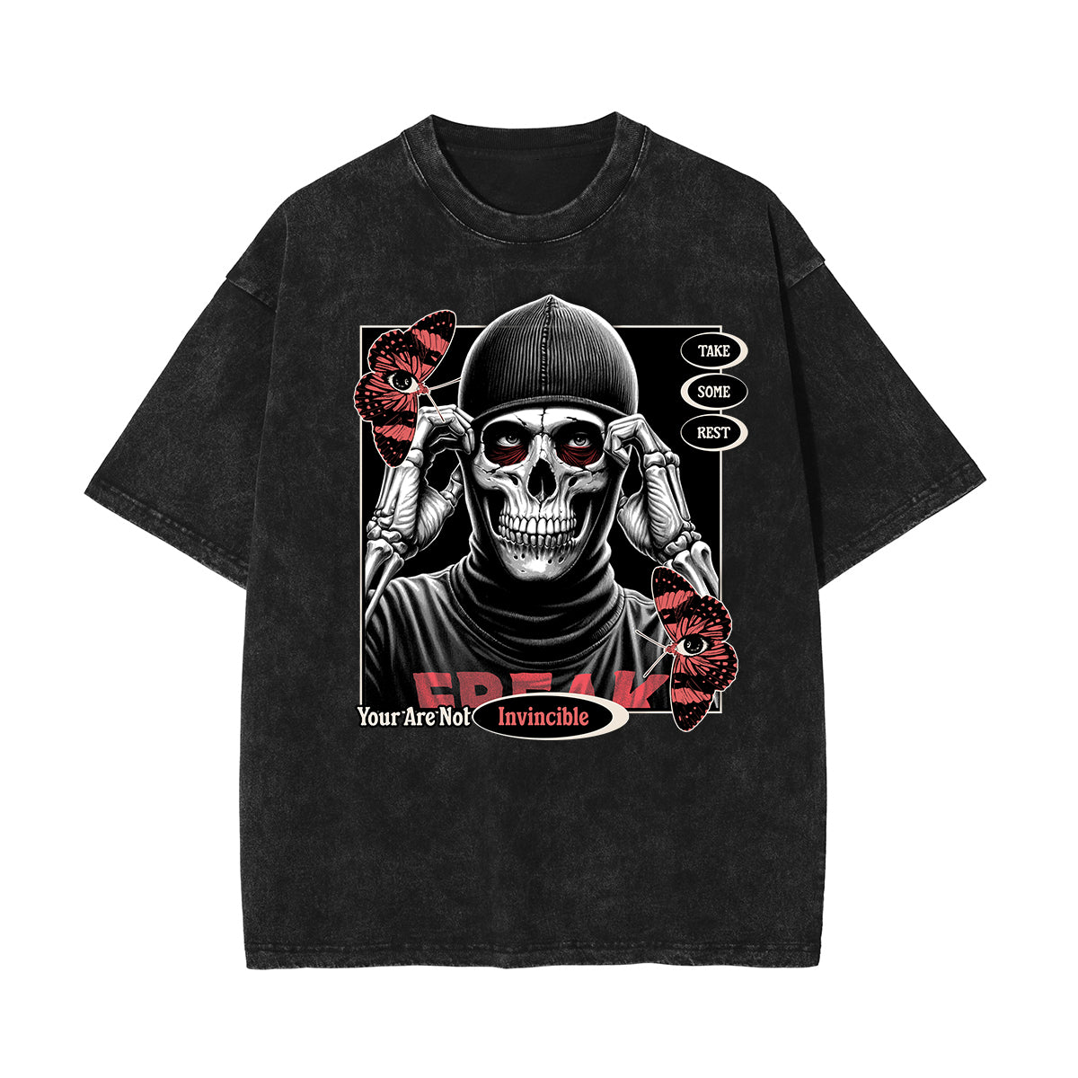 Stone Wash Skull & Money Pattern T Shirt