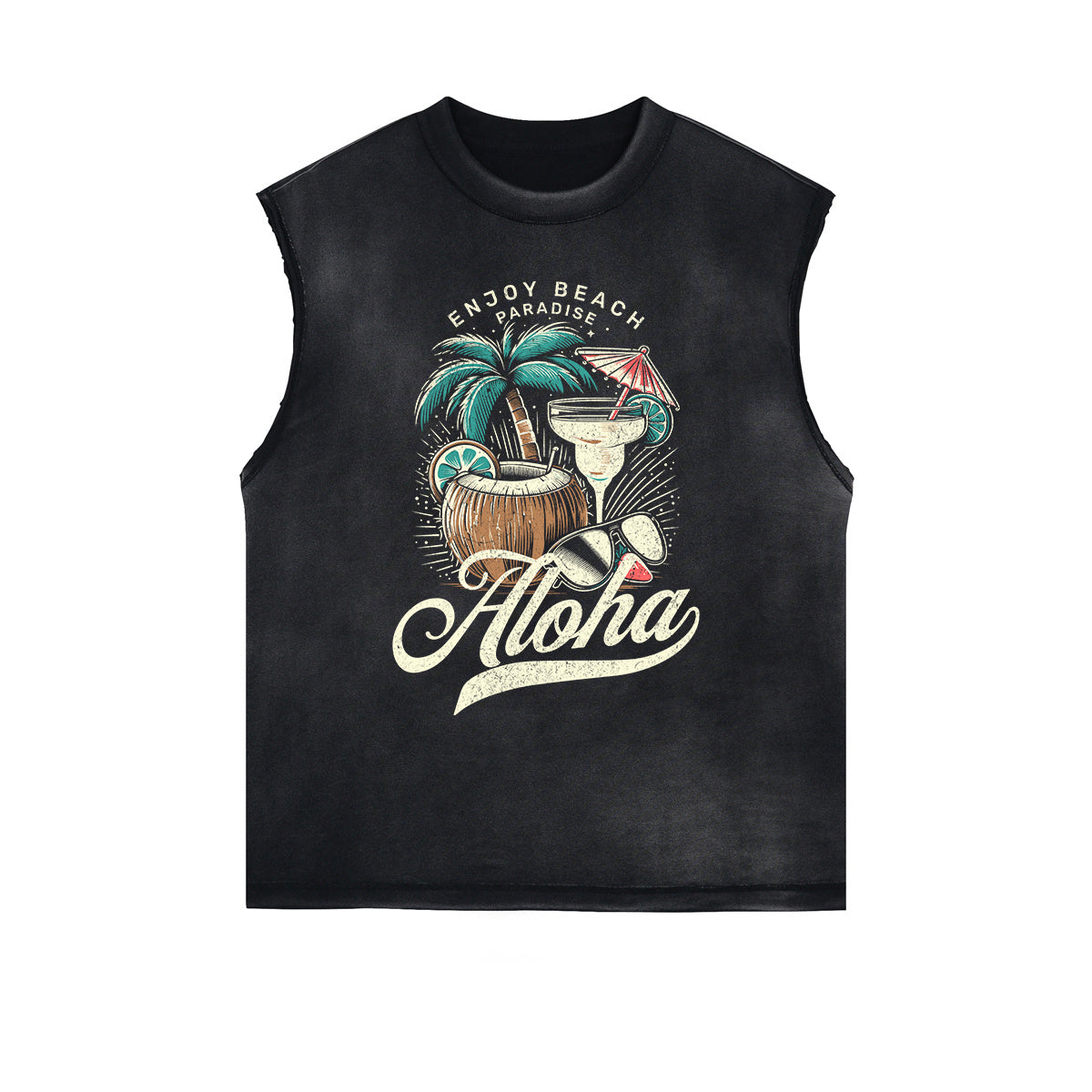 Distressed Sleeveless Holiday Pattern Tee