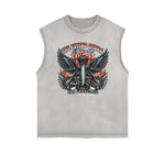 Distressed Sleeveless Winged Monster Pattern Tee