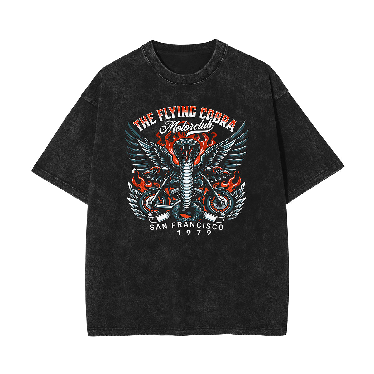 Stone Wash Winged Monster Pattern T Shirt